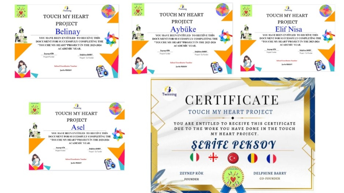 Okulumuzda yürütülen eTwinnig projesi TOUCH MY HEART (Kalbime Dokun) başarıyla tamamlandı. Öğrenciler katılım sertifikalarını aldılar.